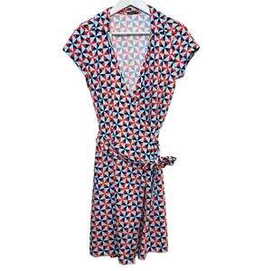 J. McLaughlin Lila Collared Wrap Dress Cap Sleeve Geometric Blue Red Medium